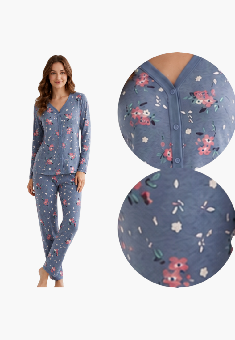 Falio women's insulated cotton pajama set in blue with a floral print, long sleeves, and a button-down V-neck top.