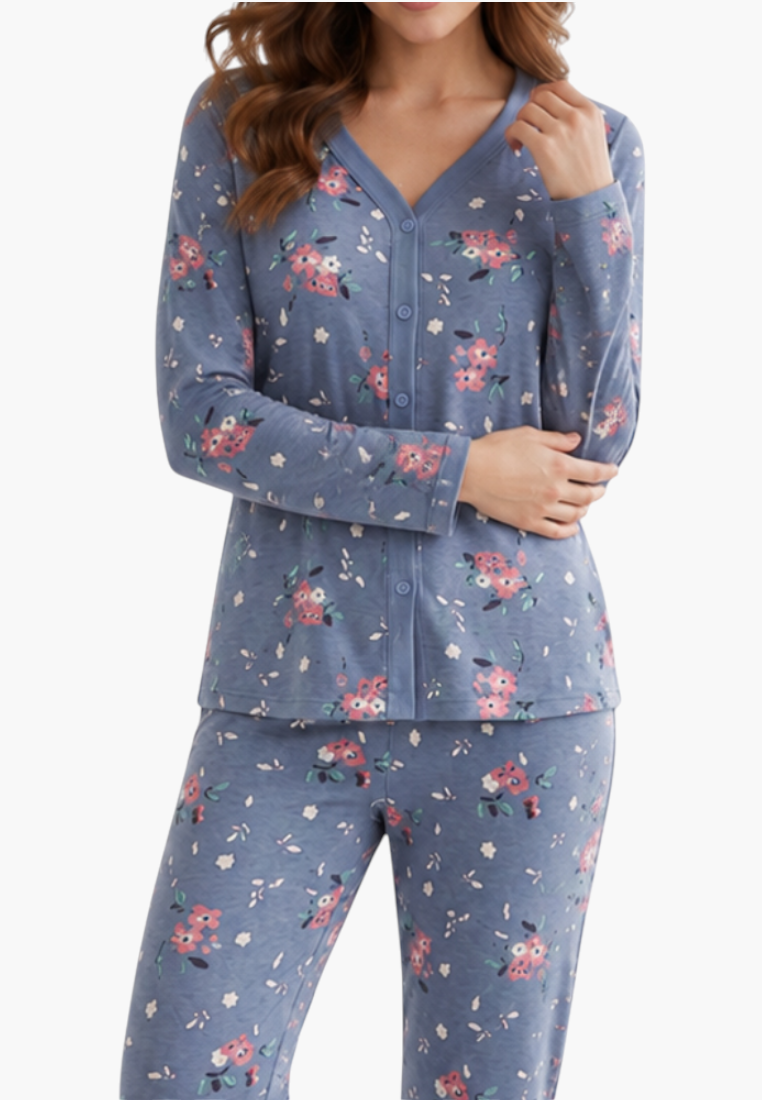 Falio women's insulated cotton pajama set in blue with a floral print, featuring a button-down top and long sleeves.