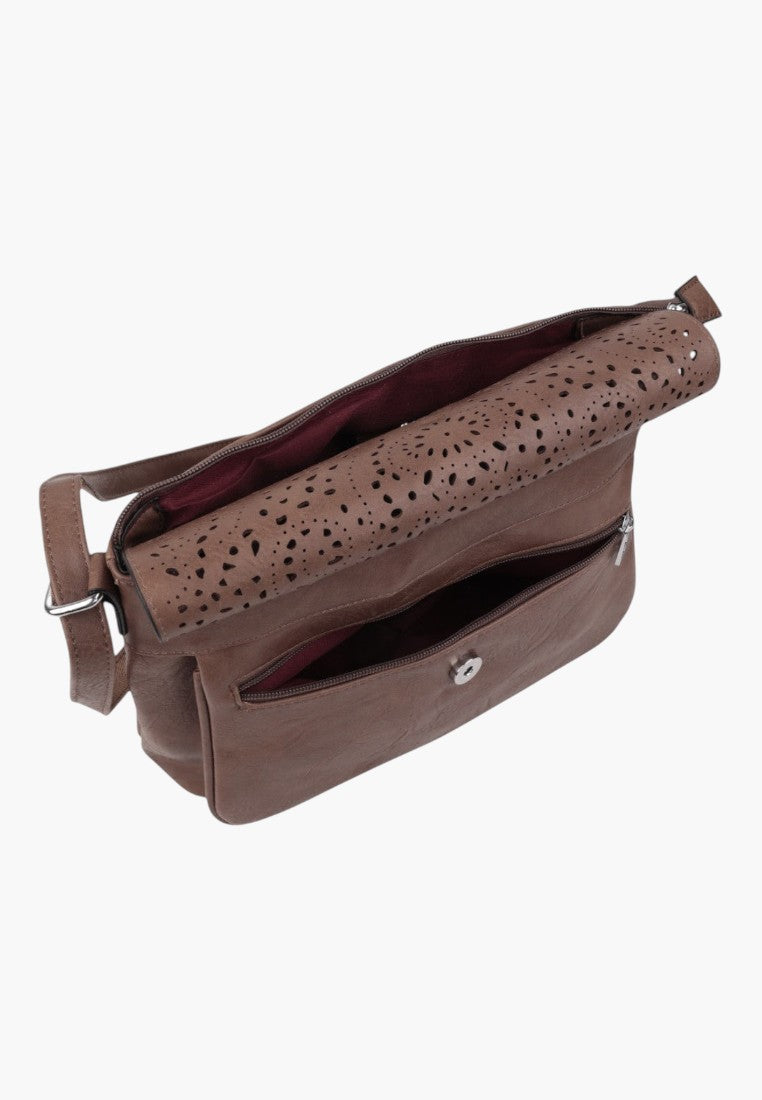 Falio khaki crossbody bag with laser-cut floral pattern flap, front zipper pocket, and adjustable shoulder strap.