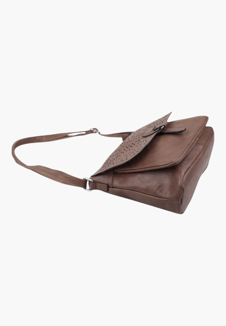 Falio khaki crossbody bag with a laser-cut flap detail and adjustable shoulder strap, side view