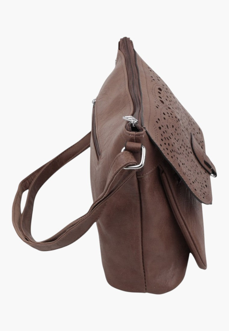 Falio khaki crossbody bag with a laser-cut flap design, featuring a shoulder strap and side zipper detail.