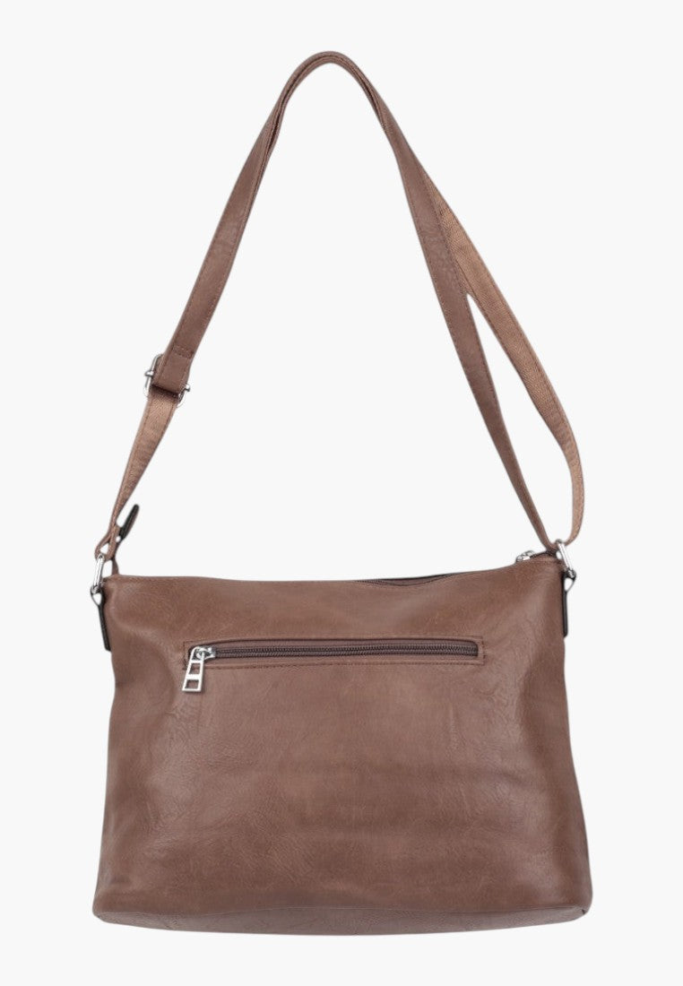 Falio khaki crossbody shoulder bag with a zippered back pocket and adjustable strap for versatile styling.