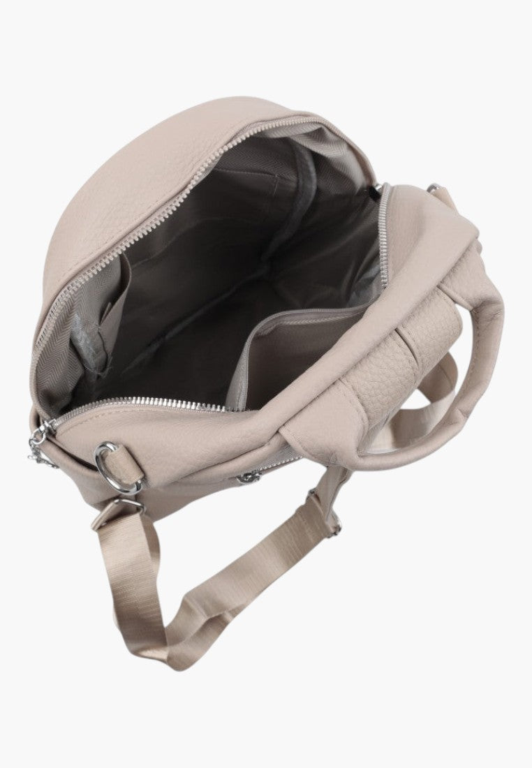 Falio khaki faux leather urban backpack with open top, multiple interior pockets, and silver zipper hardware.
