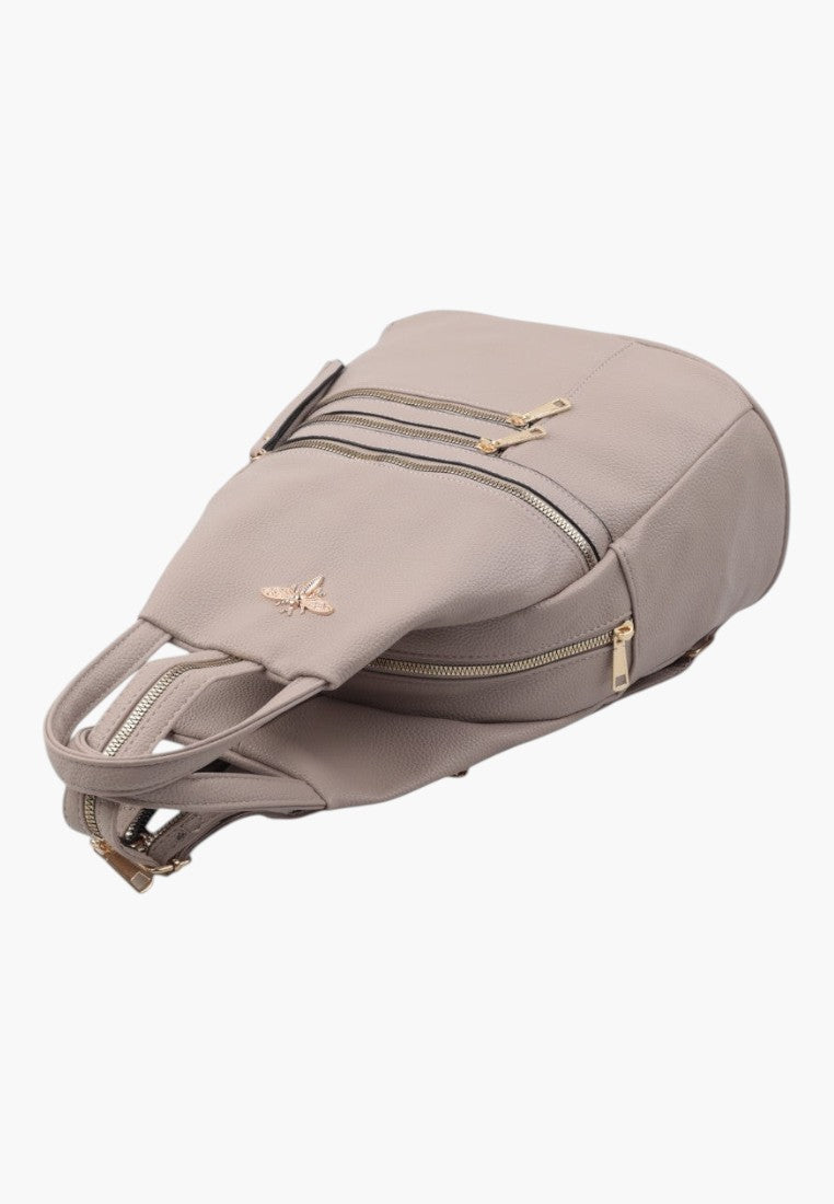 Falio small khaki faux leather city backpack with gold bee emblem and multiple zippered compartments