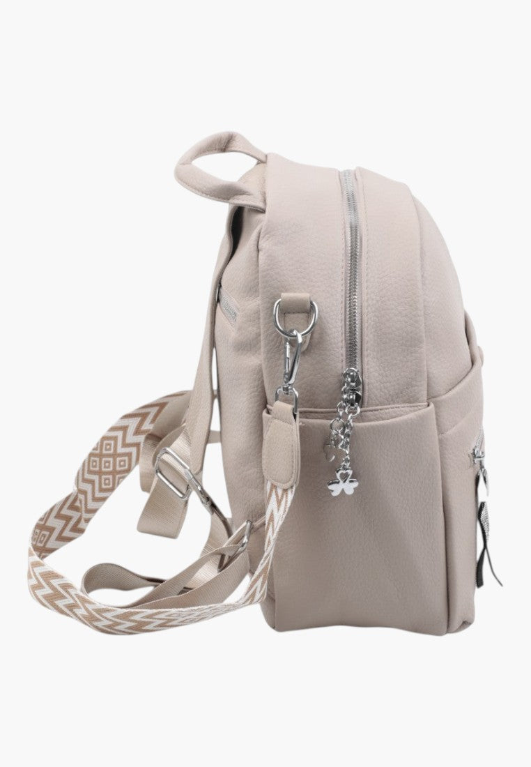 Falio khaki faux leather urban backpack with patterned straps and multiple zippered pockets, side view.