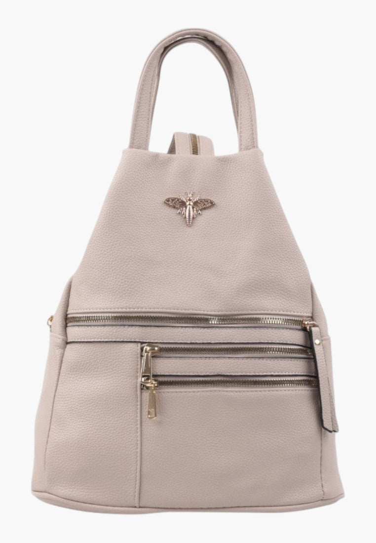 Falio small khaki faux leather city backpack with gold bee emblem and multiple zippered pockets