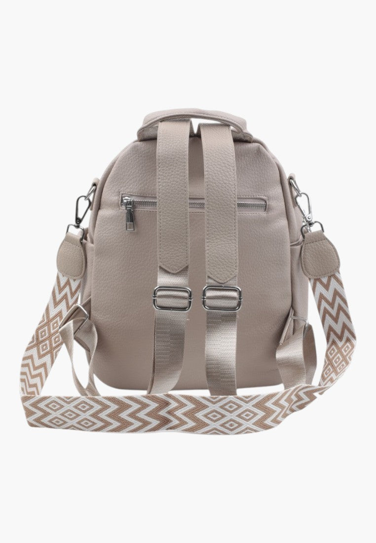 Falio khaki faux leather urban backpack with adjustable patterned straps and silver hardware, back view.