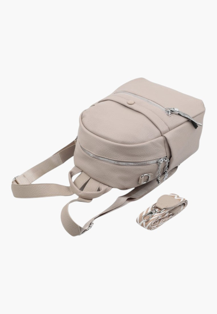 Falio khaki urban faux leather backpack with multiple zippered pockets and a detachable patterned shoulder strap