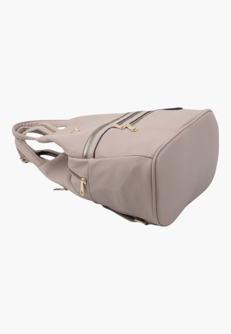 Falio small khaki faux leather city backpack with gold zippers and textured finish, side view