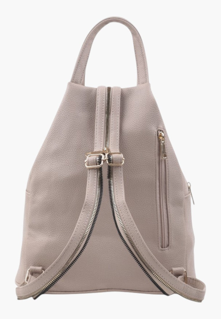 Falio small khaki faux leather city backpack with a unique dual-zipper design and adjustable straps