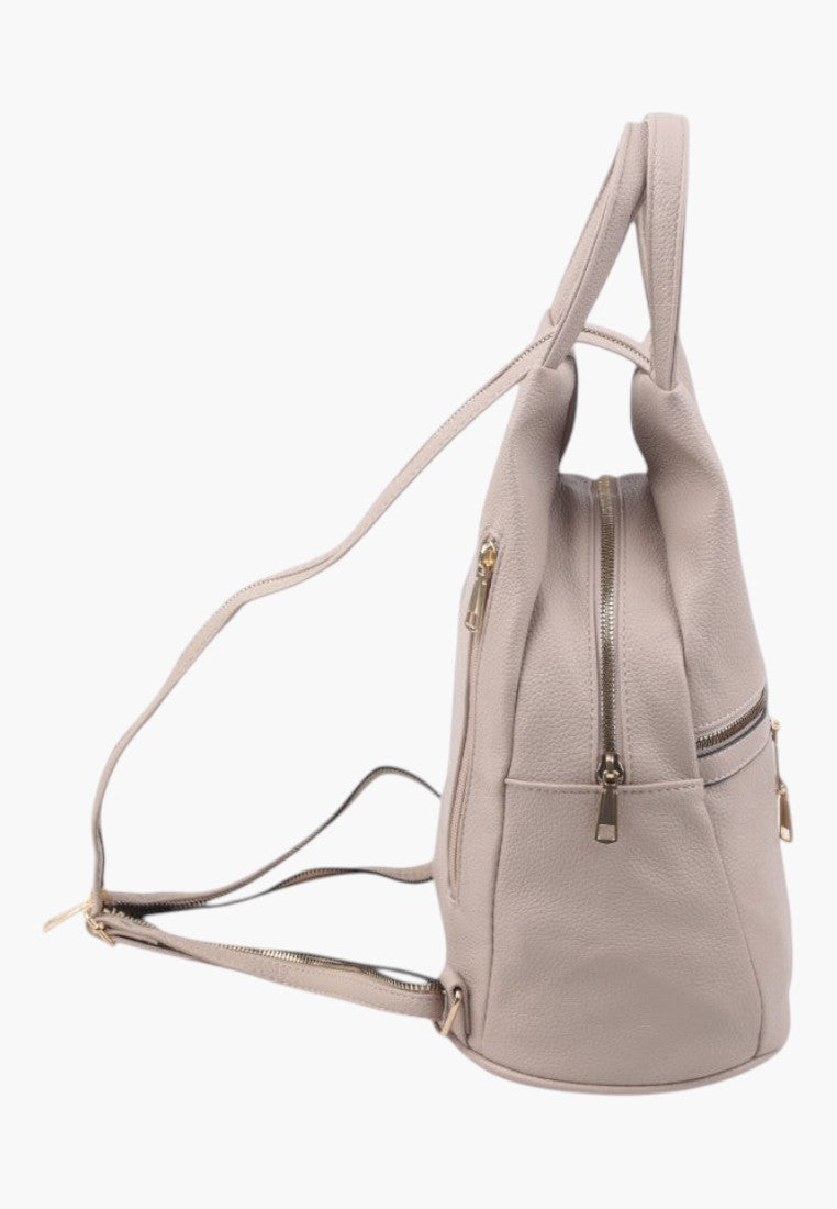 Falio khaki faux leather small city backpack with gold zipper details, side view