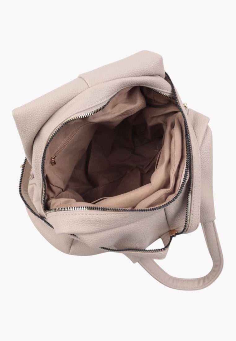 Falio small khaki faux leather city backpack with open zippered compartment and fabric lining