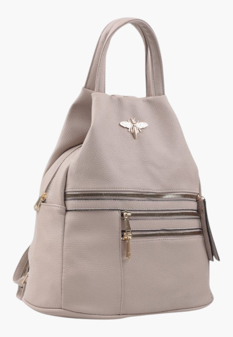 Falio small khaki faux leather city backpack with gold bee emblem and multiple front zipper pockets