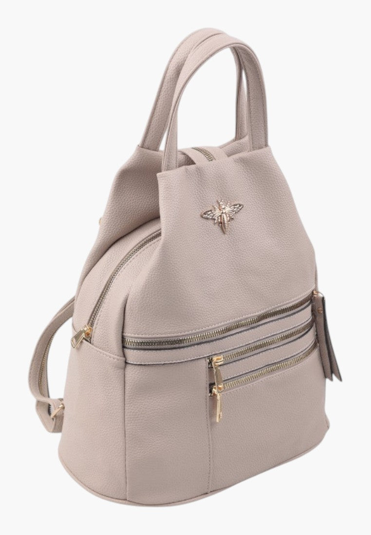 Falio small khaki faux leather city backpack with gold bee emblem and multiple zippered pockets