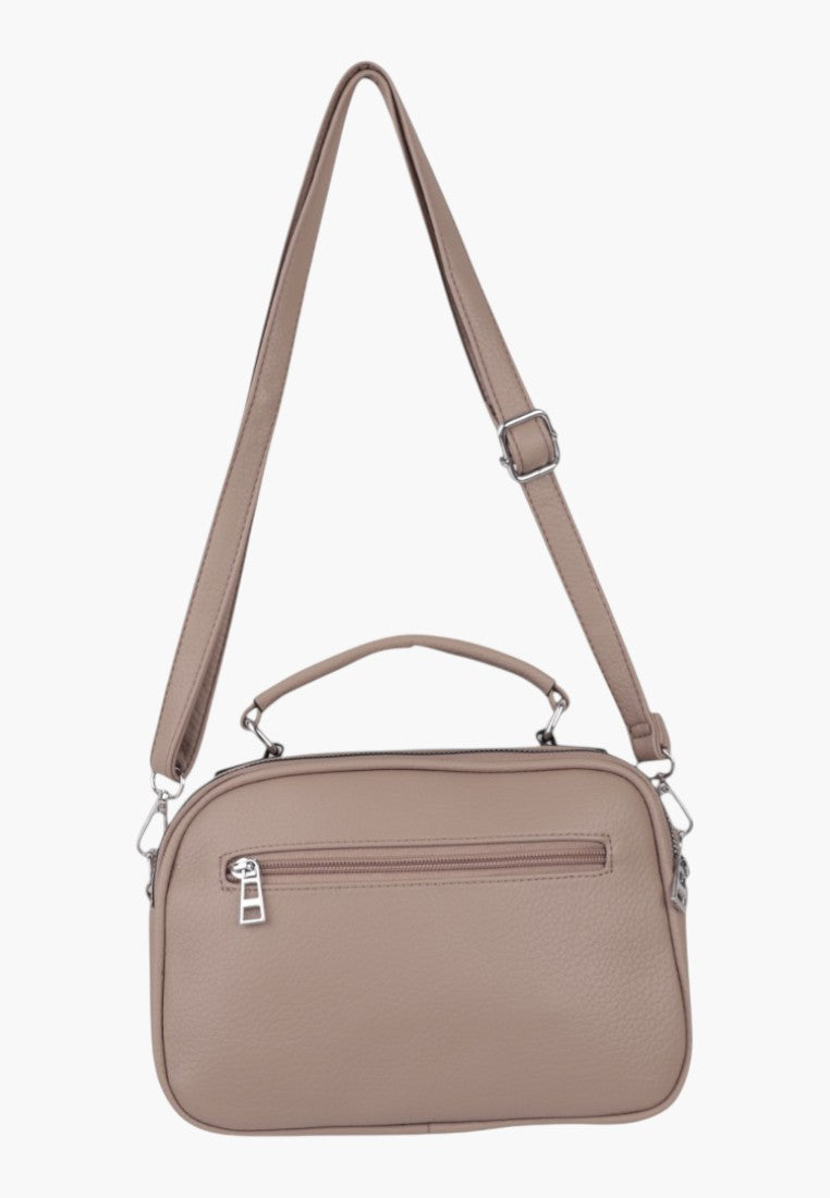 Falio khaki faux leather crossbody bag with top handle, adjustable strap, and zippered exterior pocket