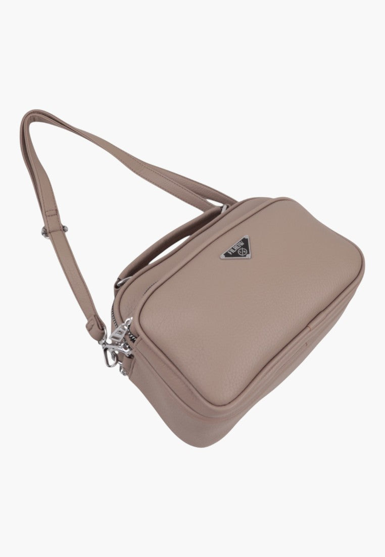 Falio khaki faux leather crossbody bag with silver hardware, multiple compartments, and an adjustable shoulder strap.