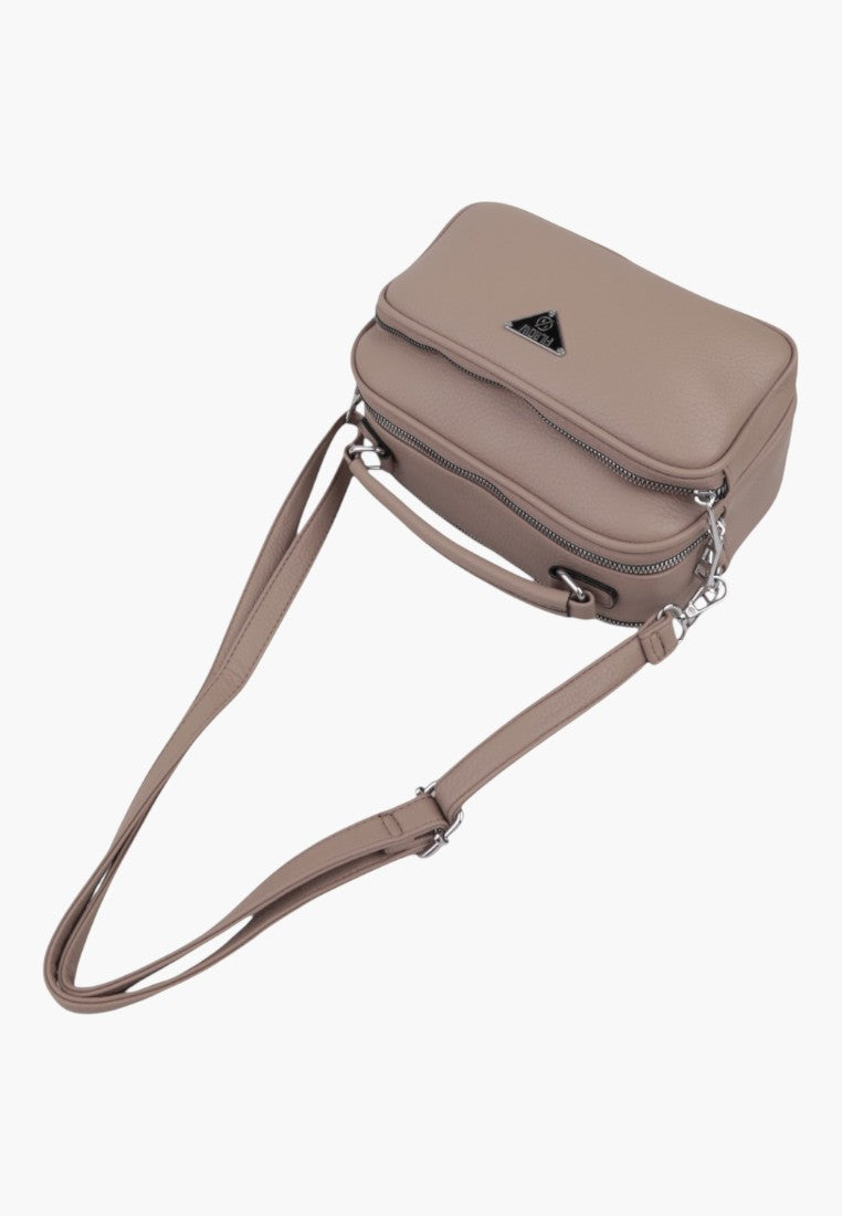 Falio khaki faux leather crossbody bag with multiple zippered compartments and a silver logo plaque.