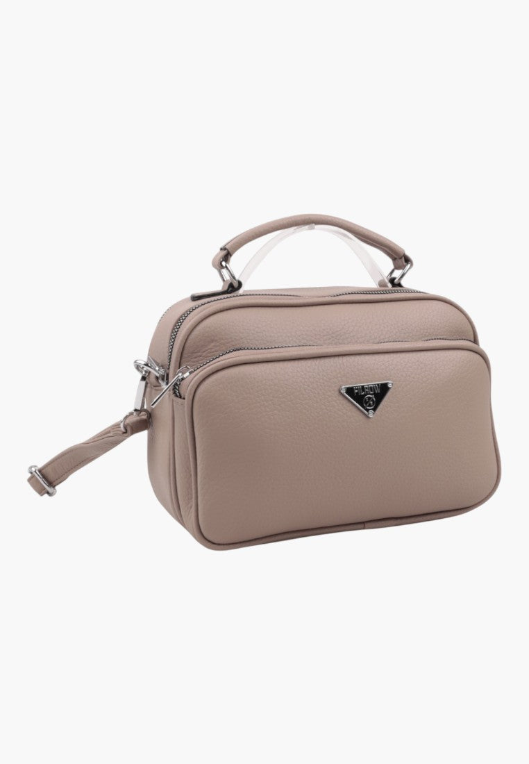 Falio khaki faux leather crossbody bag with top handle, multiple zippered compartments, and silver logo plaque.
