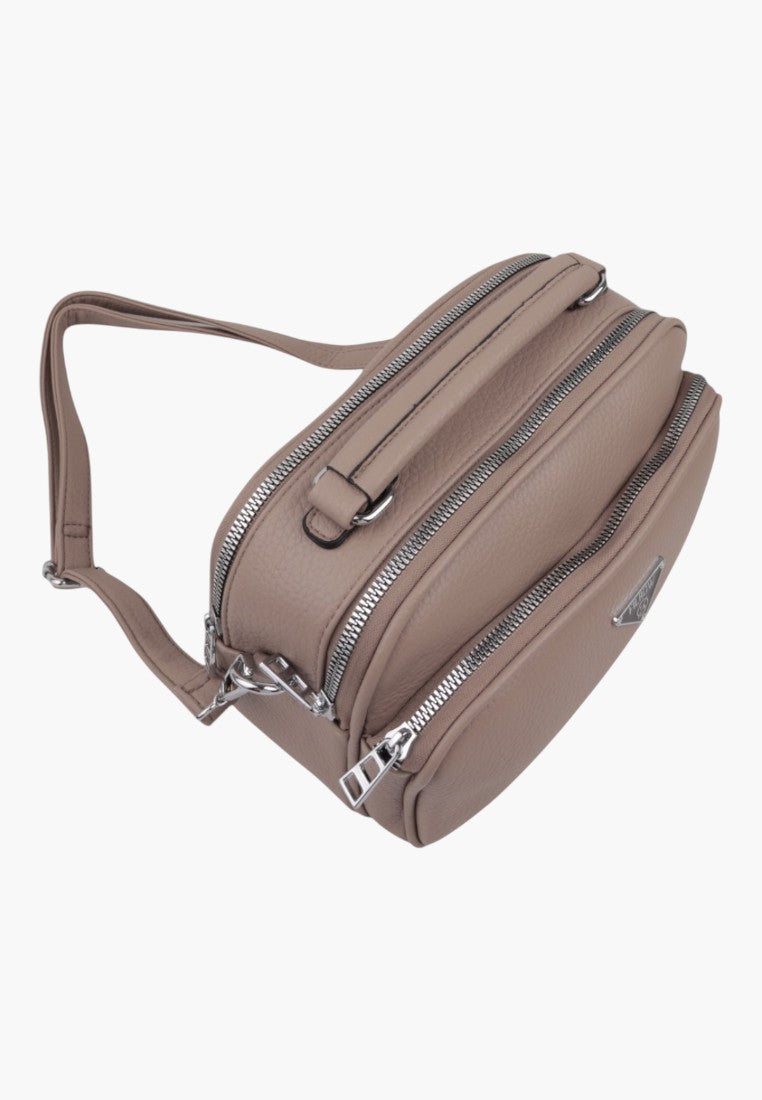 Falio khaki faux leather crossbody bag with multiple zippered compartments and an adjustable shoulder strap