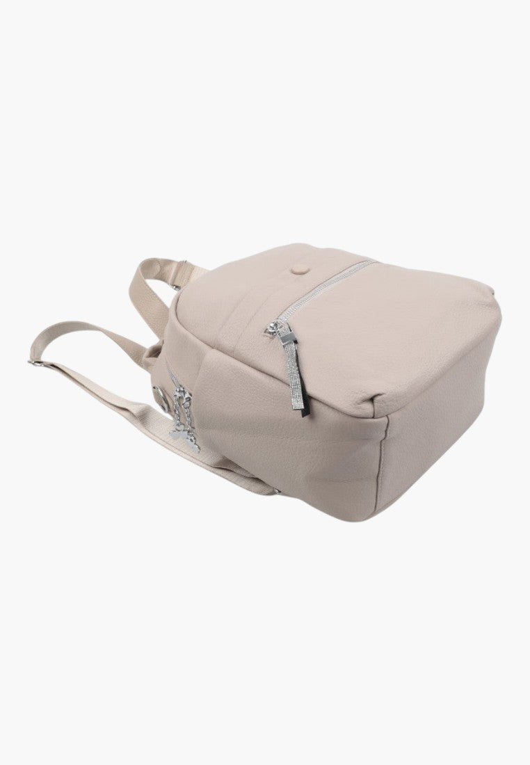Falio khaki faux leather urban backpack with multiple zippered pockets and adjustable straps