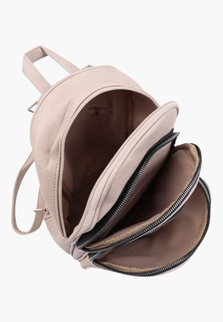 Falio khaki faux leather urban backpack with multiple zippered compartments and spacious interior