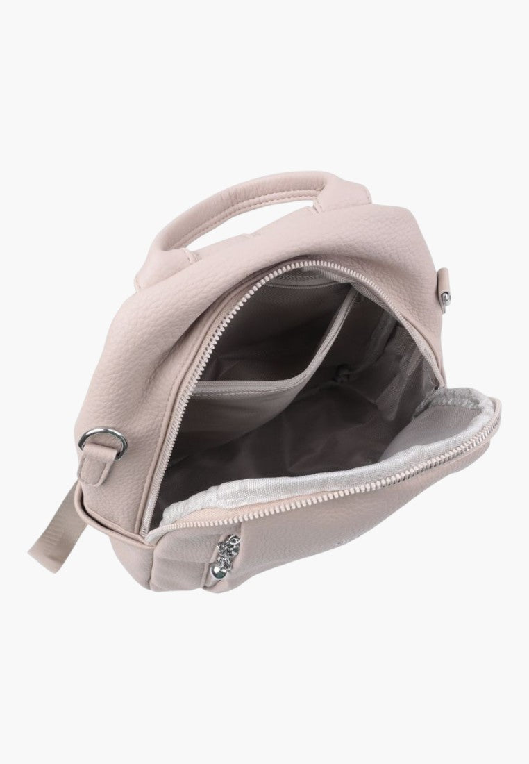 Falio khaki faux leather urban backpack with top handle and open main compartment showing interior pockets