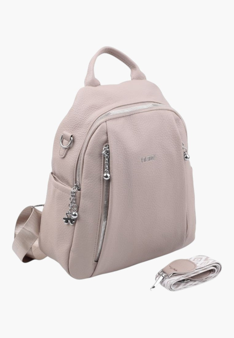 Falio khaki faux leather urban backpack with A4 capacity, multiple pockets, and silver zipper details.