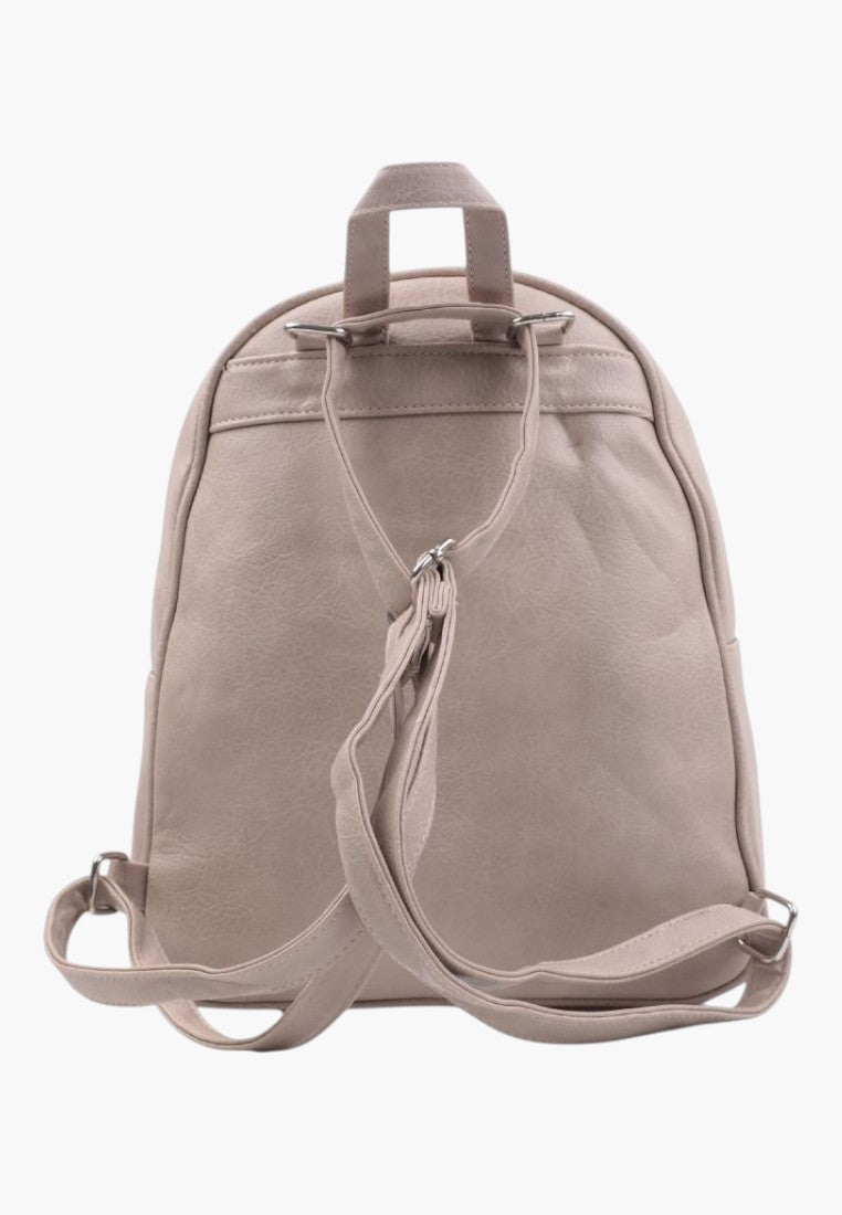 Falio khaki faux leather urban backpack with adjustable straps and zip closure, back view