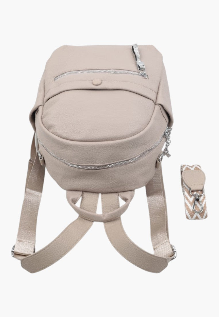 Falio khaki faux leather urban backpack with multiple zippered pockets and an additional patterned shoulder strap