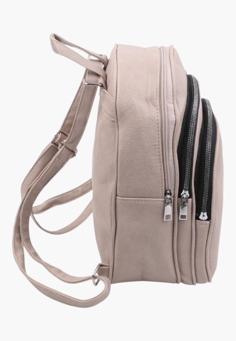 Falio khaki faux leather urban backpack with multiple zippered compartments and adjustable straps, side view
