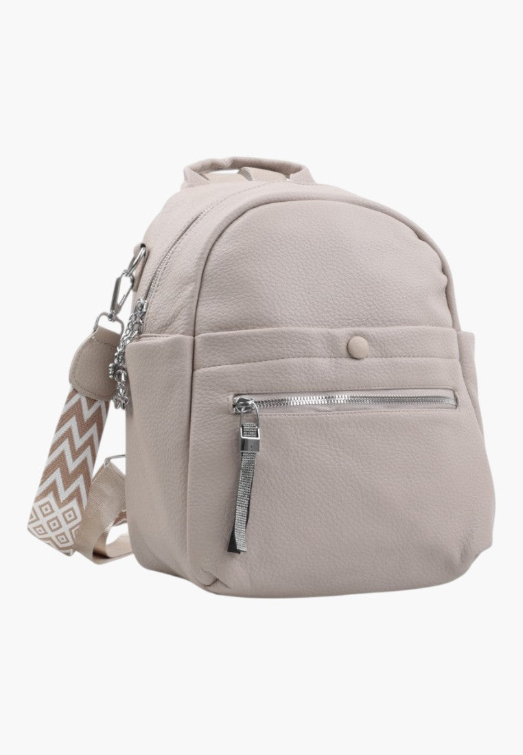 Falio khaki faux leather urban backpack with a patterned strap, front zipper pocket, and silver hardware.