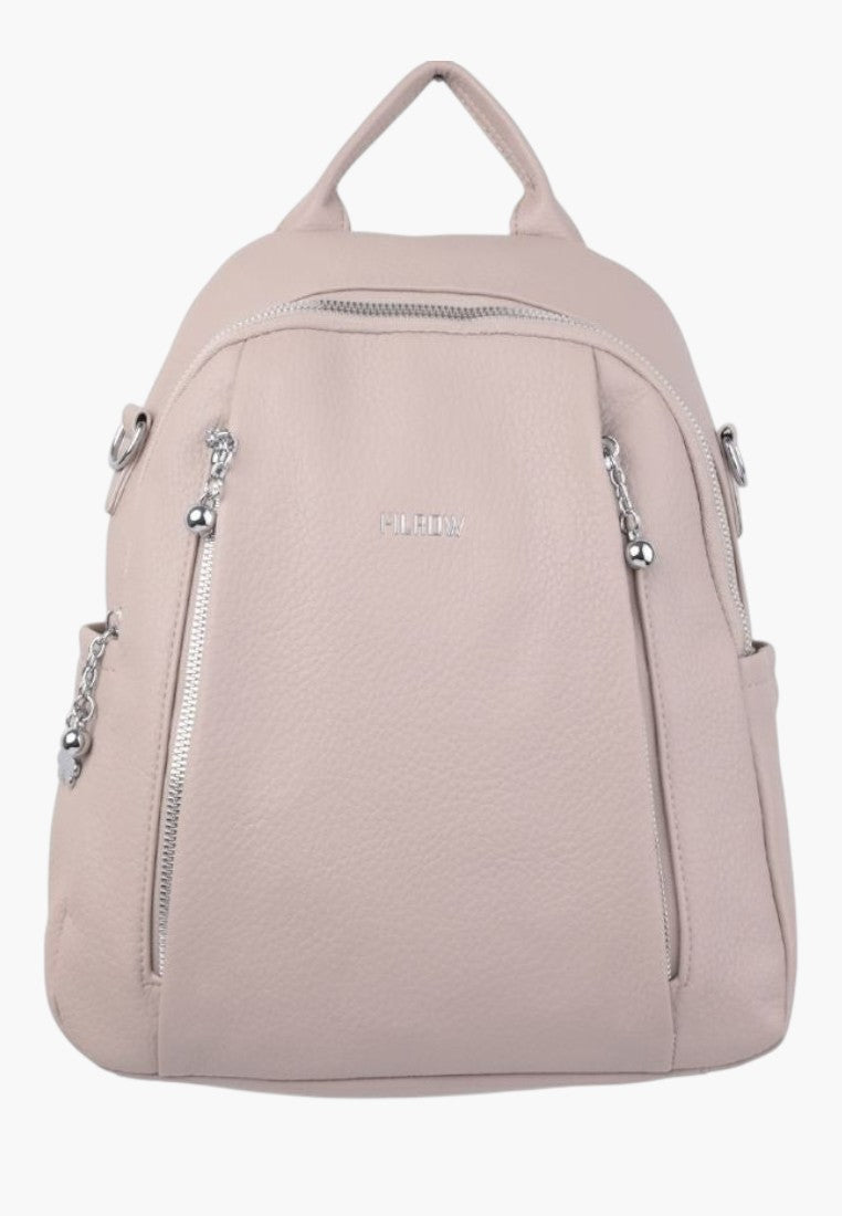 Falio khaki faux leather urban women's backpack with A4 capacity, multiple pockets, and silver zipper details.