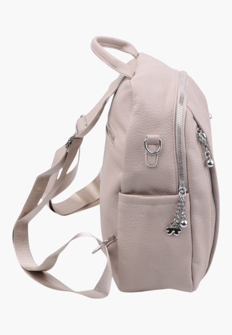 Falio khaki faux leather urban backpack with side pockets, silver zippers, and A4 capacity for daily use.