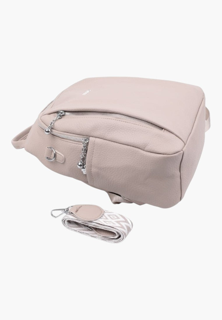 Falio khaki faux leather urban backpack with a zippered front pocket and a detachable patterned shoulder strap