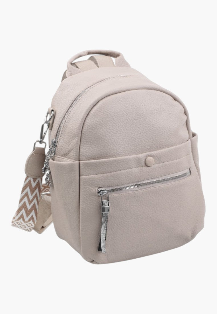 Falio khaki faux leather urban backpack with a patterned strap, multiple zippered pockets, and A4 capacity.