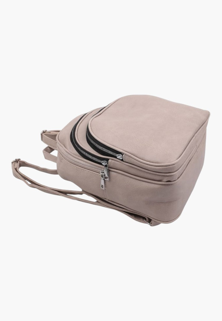 Falio khaki faux leather urban backpack with multiple zippered pockets and A4 capacity for daily use.