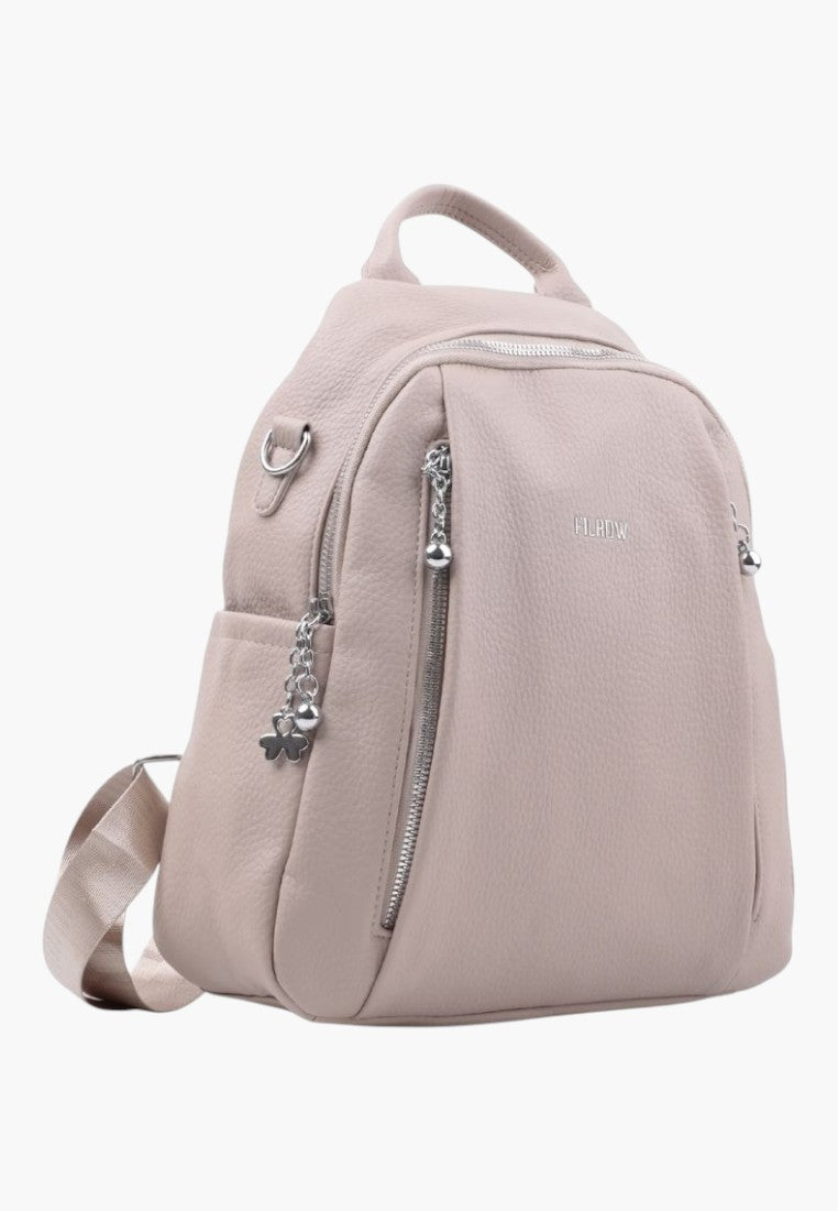 Falio khaki faux leather urban backpack with multiple zippered pockets and A4 capacity for daily use