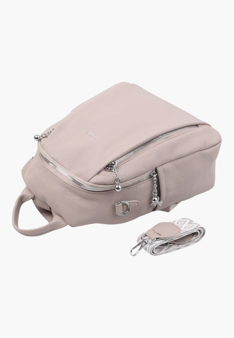 Falio khaki faux leather urban backpack with silver zippers and a detachable patterned strap, A4 size capacity.