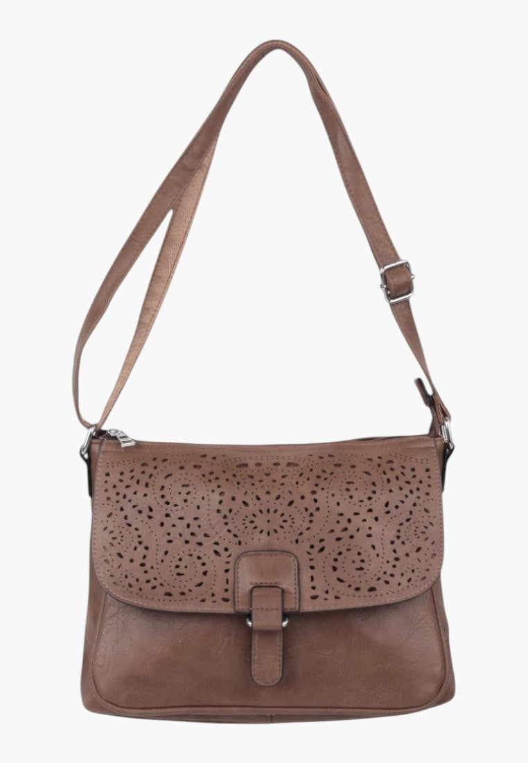 Falio khaki crossbody bag with a laser-cut floral pattern on the flap and an adjustable shoulder strap
