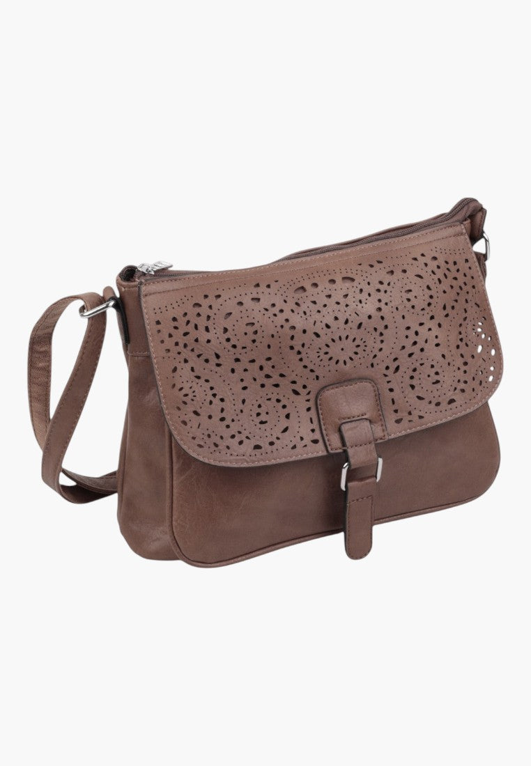 Falio khaki crossbody bag with a decorative laser-cut floral pattern on the flap and a secure buckle closure.