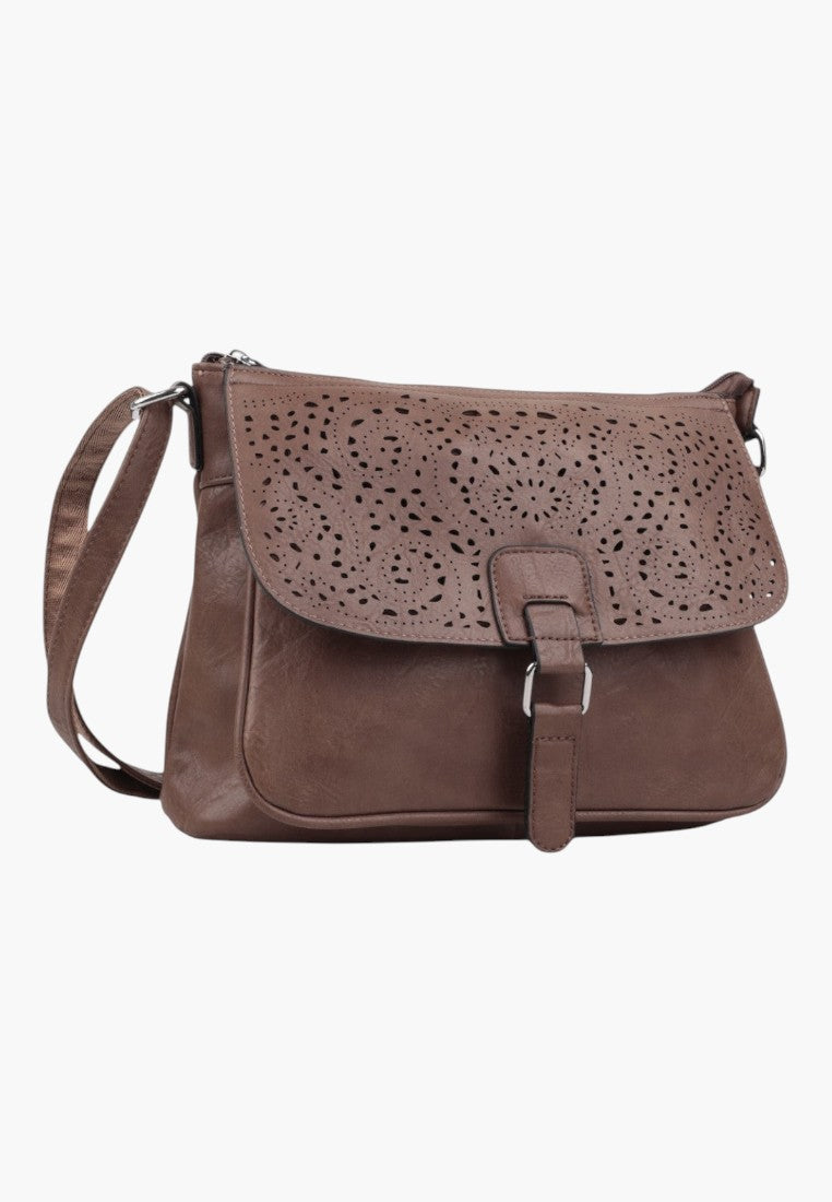Falio khaki crossbody bag with a decorative laser-cut floral flap and adjustable shoulder strap