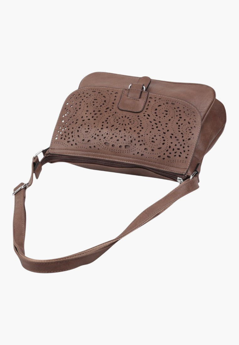 Falio khaki crossbody bag with intricate laser-cut floral patterns and an adjustable shoulder strap
