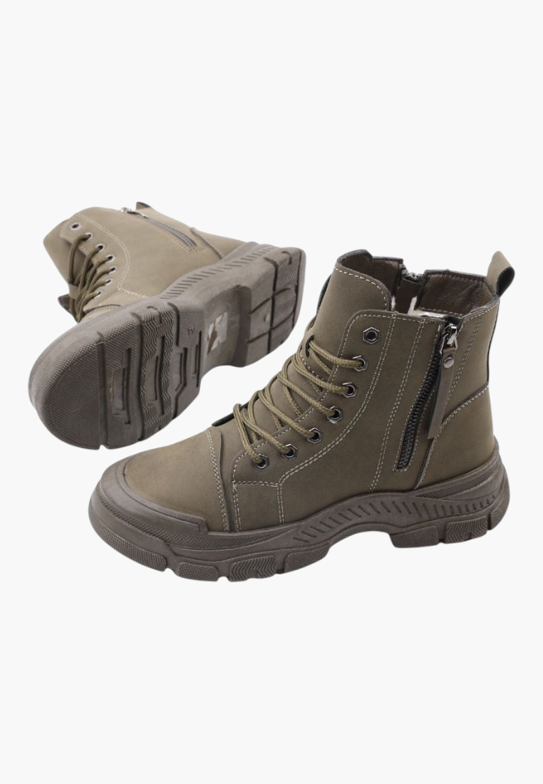 Falio khaki synthetic nubuck lace-up ankle boots with a chunky lug sole and side zipper detail