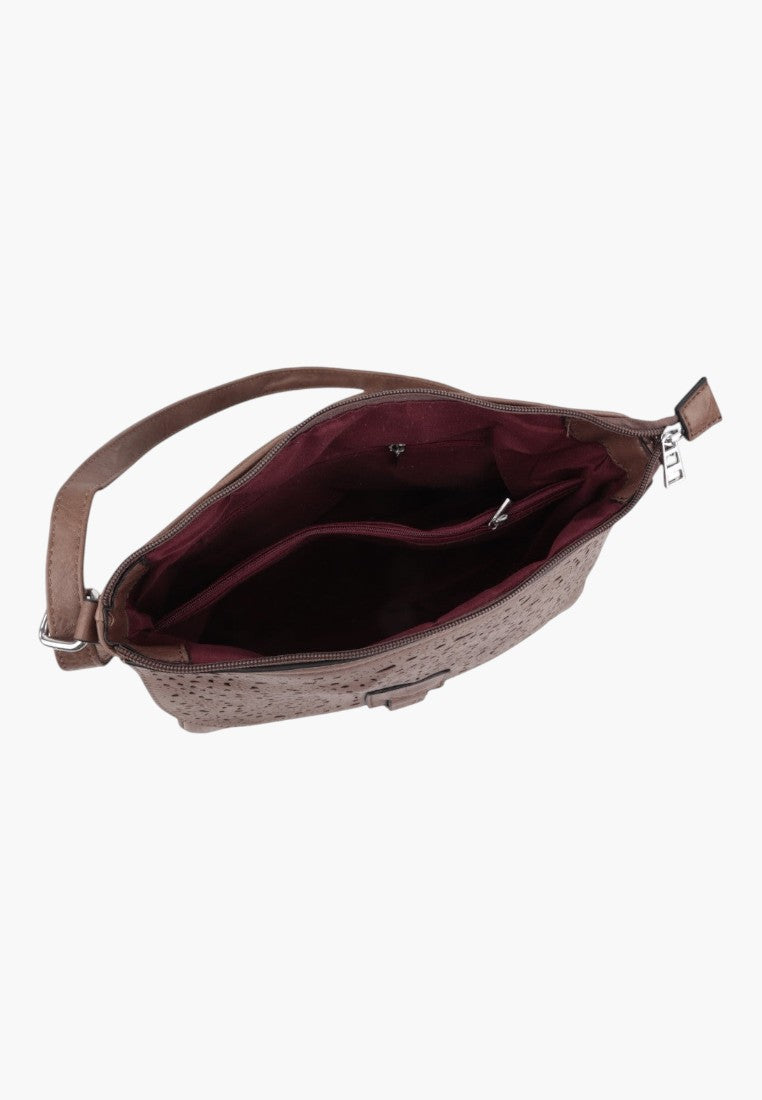 Falio khaki shoulder bag with a laser-cut pattern and a dark interior lining, shown from an open top-down view
