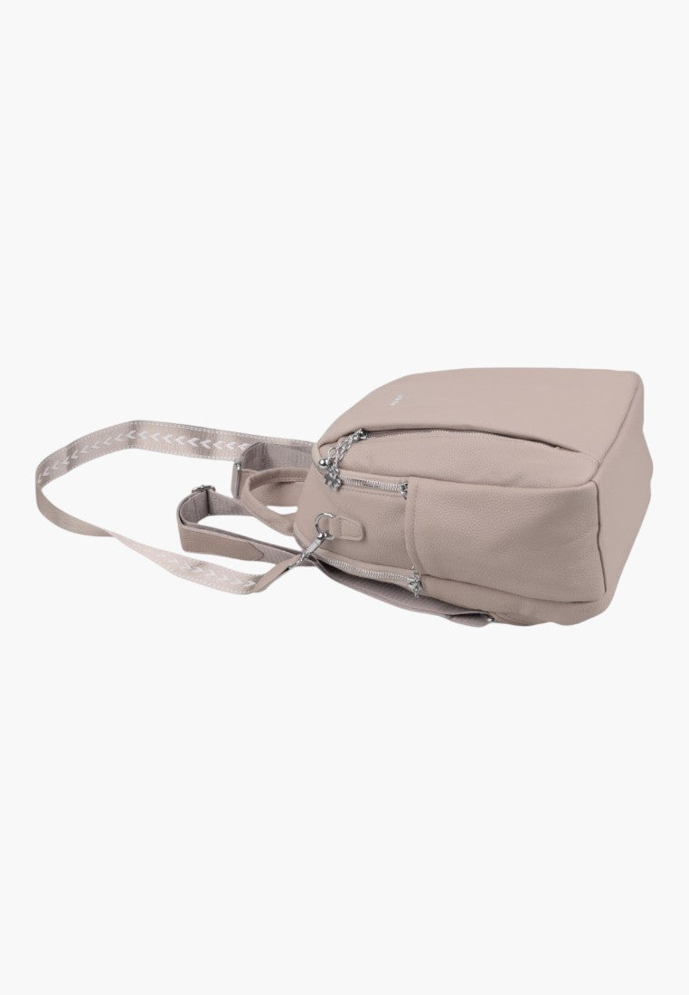 Falio khaki urban women's backpack with decorative patterned straps and silver zippers, side view
