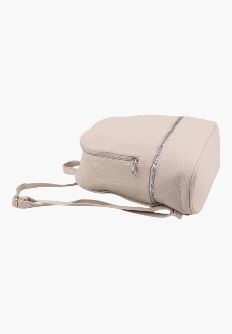 Falio khaki urban women's backpack with a sleek design, silver zipper, and adjustable straps on a white background.