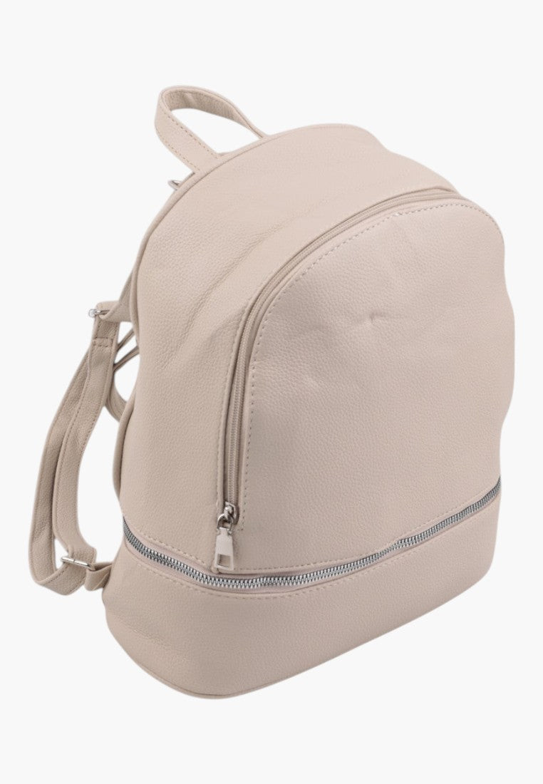 Falio khaki urban women's backpack with a minimalist design, front zipper pocket, and adjustable shoulder straps.