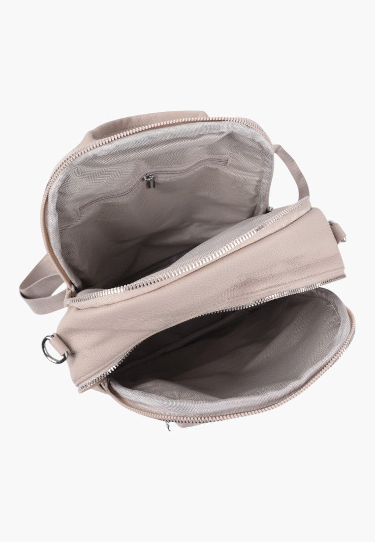 Falio khaki urban women's backpack with open zippered compartments and internal lining