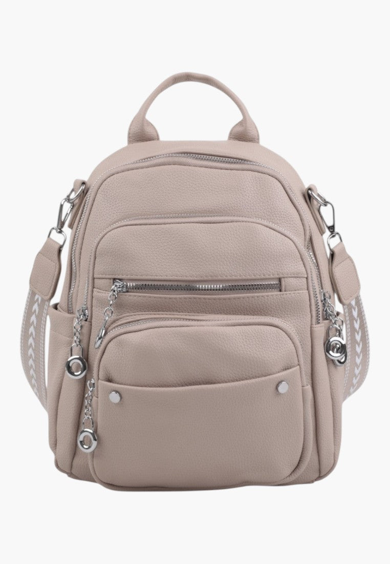 Falio khaki urban women's backpack with multiple zippered pockets and decorative chain details