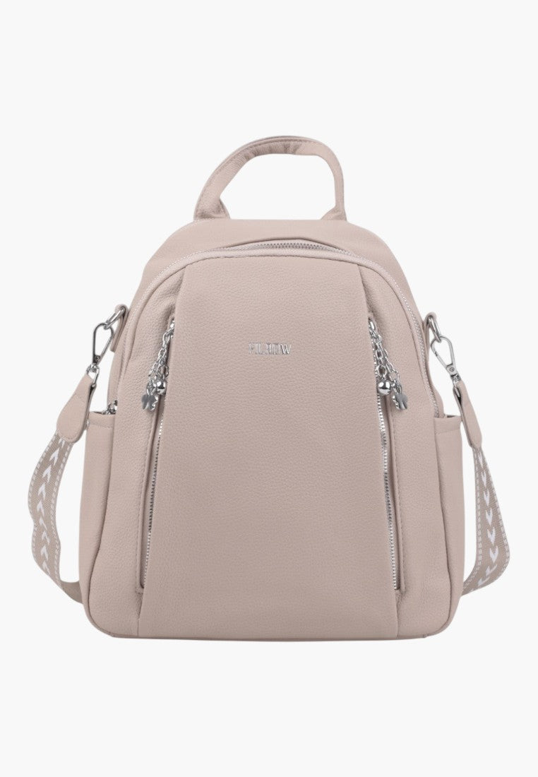 Falio khaki urban women's backpack with silver zippers and patterned shoulder straps for daily use